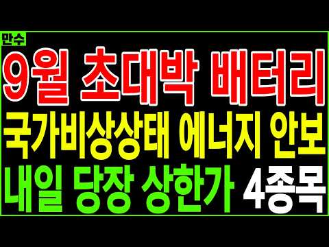 [배터리 대장주 주가전망] 9월 초대박 배터리 국가비상상태 에너지 안보 내일 당장 상한가 ４종목 | 디에스경제황제주식 만수