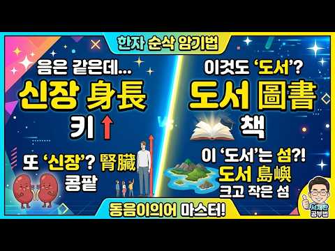 한자공부 한자급수 한자학습법 한자의 음·훈 및 다양한 지식을 '게임'처럼 마스터하는 기적의 공부법! 신장 : 身長 / 腎臟 /// 도서 : 圖書 / 島嶼