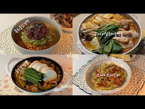 먹고 싶은 거 다 해 먹은 집밥 브이로그🥘육회 잔뜩 올린 불닭냉면ㅣ야채 가득 넣은 닭다리살🍅 토마토 전골ㅣ매콤 순두부 짬뽕ㅣ바질페스토를 넣은 고소한 브리치즈파스타ㅣ상큼한 참외샐러드
