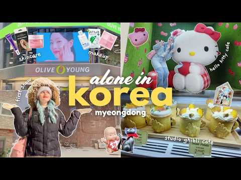 myeongdong vlog ♡ hello kitty cafe, olive young haul, 12 story daiso, night market, first snow ❄️